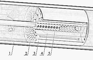 Fig. 5. AVS chamber with tubes: 1 – chamber; 2 – mesh; 3 – bush; 4 – tubes; 5 – filter tube. 